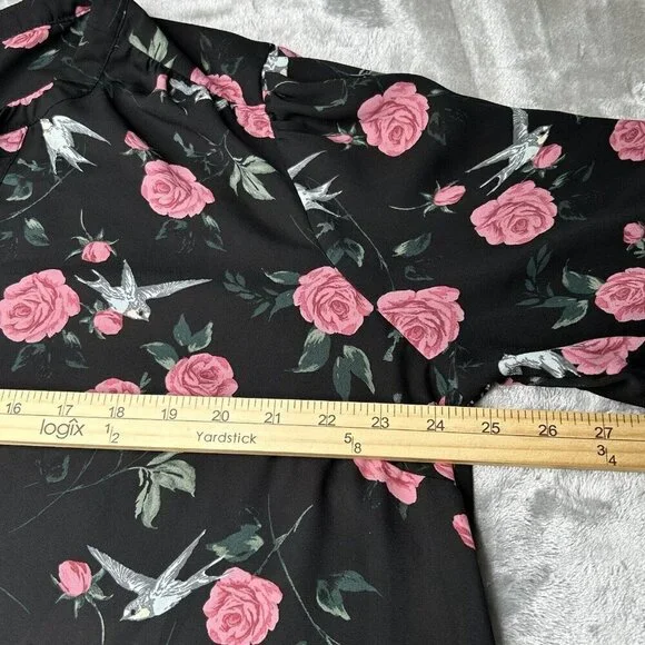 Torrid 2 Top 2X Black Floral Georgette Bow Tie Blouse Birds Sheer Romantic Boho - Picture 7 of 10